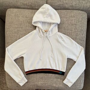 Aviator Nation 🌈 White Logo Stripe Crop Hoodie Size Small Like New